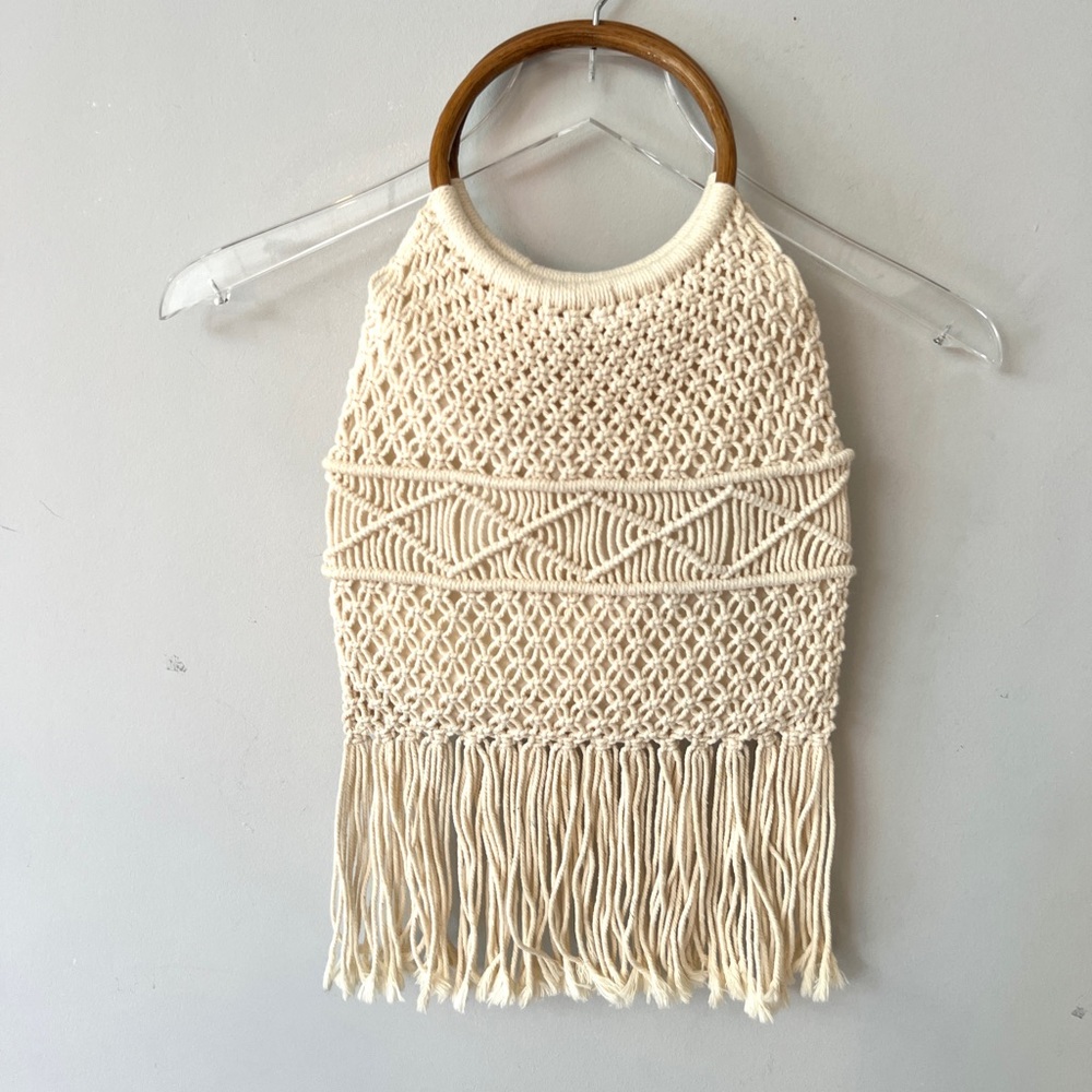 Cream Macrame Bamboo Handle Fringe Purse